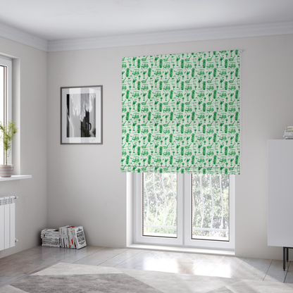 The fabric used to create these Roman blinds is a repeating novelty fabric pattern featuring green hand-sketched illustrations of golfers, golf bags, golf carts, and flags on a light cream-colored background.