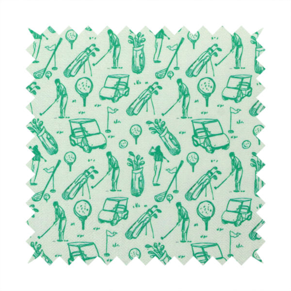 A repeating fabric pattern featuring hand-sketched green illustrations of golf carts, golfers, golf bags, golf balls on tees, and flags on a light mint-green background.