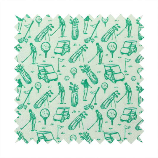 A repeating fabric pattern featuring hand-sketched green illustrations of golf carts, golfers, golf bags, golf balls on tees, and flags on a light mint-green background.