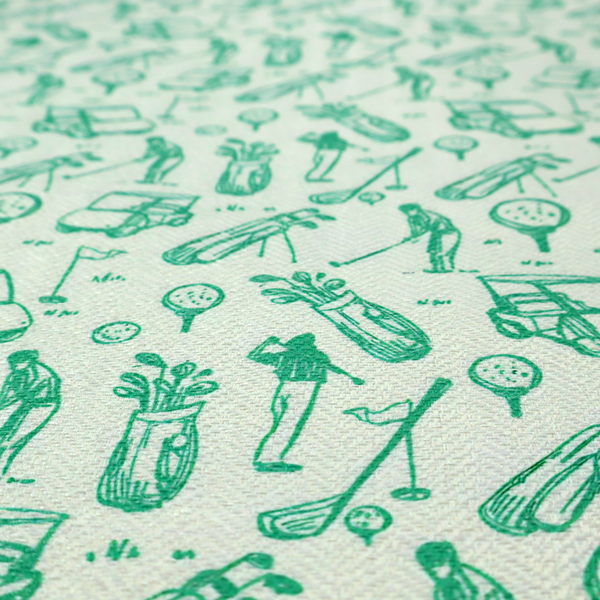 A repeating fabric pattern featuring hand-sketched green illustrations of golf carts, golfers, golf bags, golf balls on tees, and flags on a light mint-green background.