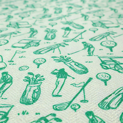 A repeating fabric pattern featuring hand-sketched green illustrations of golf carts, golfers, golf bags, golf balls on tees, and flags on a light mint-green background.