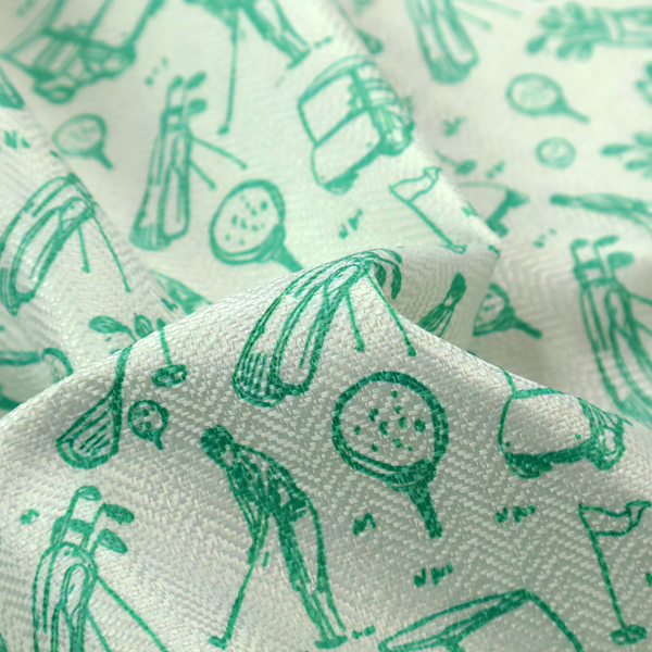 A repeating fabric pattern featuring hand-sketched green illustrations of golf carts, golfers, golf bags, golf balls on tees, and flags on a light mint-green background.