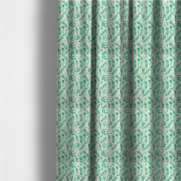 The fabric used to create these made-to-measure curtains is a repeating fabric pattern featuring hand-sketched green illustrations of golf carts, golfers, golf bags, golf balls on tees, and flags on a light mint-green background.