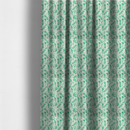 The fabric used to create these made-to-measure curtains is a repeating fabric pattern featuring hand-sketched green illustrations of golf carts, golfers, golf bags, golf balls on tees, and flags on a light mint-green background.