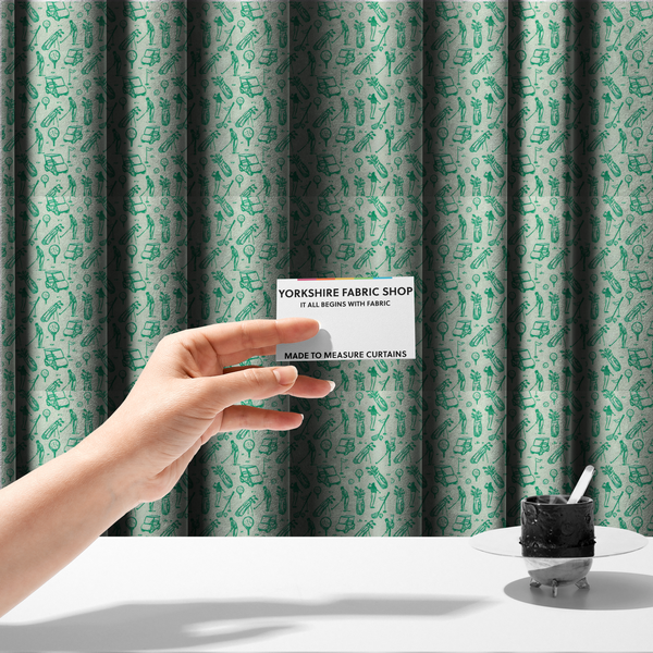 The fabric used to create these made-to-measure curtains is a repeating fabric pattern featuring hand-sketched green illustrations of golf carts, golfers, golf bags, golf balls on tees, and flags on a light mint-green background.