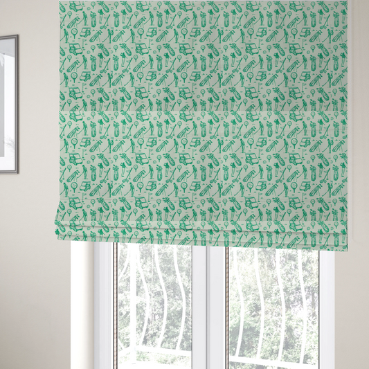 The fabric used to create these Roman blinds is a repeating fabric pattern featuring hand-sketched green illustrations of golf carts, golfers, golf bags, golf balls on tees, and flags on a light mint-green background.