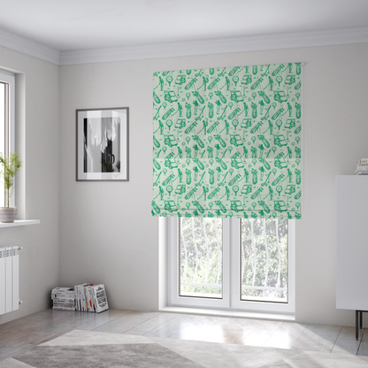 The fabric used to create these Roman blinds is a repeating fabric pattern featuring hand-sketched green illustrations of golf carts, golfers, golf bags, golf balls on tees, and flags on a light mint-green background.