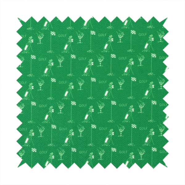 A repeating fabric pattern on a solid emerald green background, featuring small white icons of golf bags, checked flags, and the word 'GOLF' in a clean, sans-serif font.