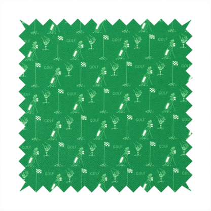 A repeating fabric pattern on a solid emerald green background, featuring small white icons of golf bags, checked flags, and the word 'GOLF' in a clean, sans-serif font.