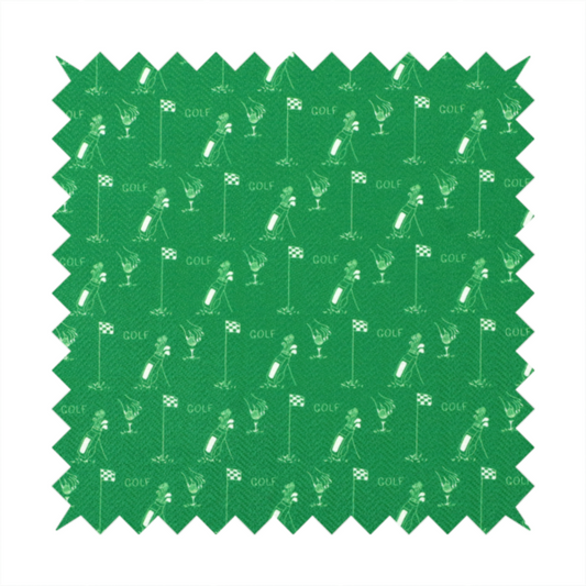 A repeating fabric pattern on a solid emerald green background, featuring small white icons of golf bags, checked flags, and the word 'GOLF' in a clean, sans-serif font.