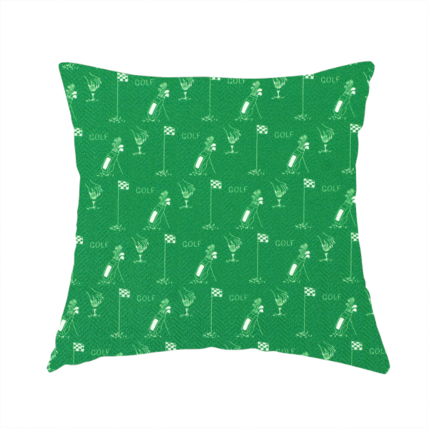 The fabric used to create these handmade cushions is a repeating fabric pattern on a solid emerald green background, featuring small white icons of golf bags, checked flags, and the word 'GOLF' in a clean, sans-serif font.