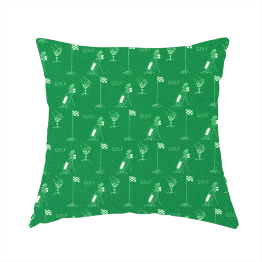 The fabric used to create these handmade cushions is a repeating fabric pattern on a solid emerald green background, featuring small white icons of golf bags, checked flags, and the word 'GOLF' in a clean, sans-serif font.