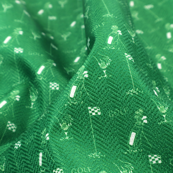 A repeating fabric pattern on a solid emerald green background, featuring small white icons of golf bags, checked flags, and the word 'GOLF' in a clean, sans-serif font.