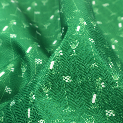 A repeating fabric pattern on a solid emerald green background, featuring small white icons of golf bags, checked flags, and the word 'GOLF' in a clean, sans-serif font.