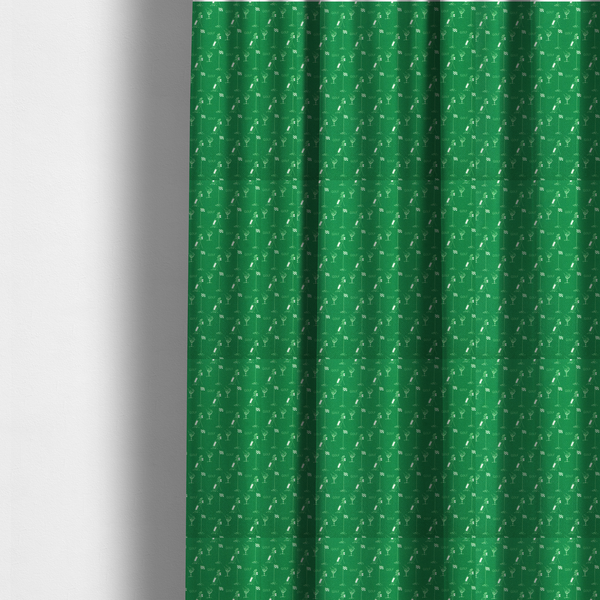 The fabric used to create these made-to-measure curtains is a  repeating fabric pattern on a solid emerald green background, featuring small white icons of golf bags, checked flags, and the word 'GOLF' in a clean, sans-serif font.