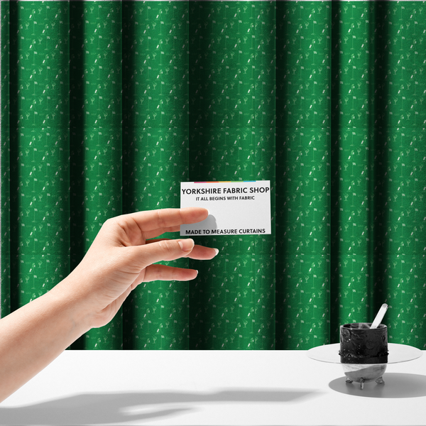 The fabric used to create these made-to-measure curtains is a  repeating fabric pattern on a solid emerald green background, featuring small white icons of golf bags, checked flags, and the word 'GOLF' in a clean, sans-serif font.