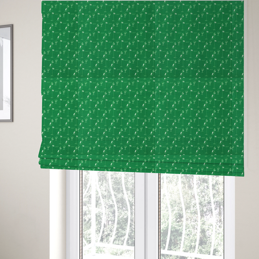 The fabric used to create these Roman blinds is a repeating fabric pattern on a solid emerald green background, featuring small white icons of golf bags, checked flags, and the word 'GOLF' in a clean, sans-serif font.