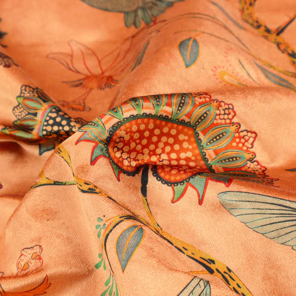 A vibrant botanical fabric pattern featuring detailed hummingbirds in flight among lush tropical flowers.