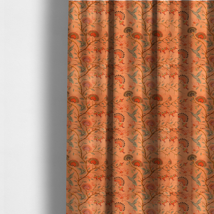 The fabric used to create these made-to-measure curtains is a vibrant botanical fabric pattern featuring detailed hummingbirds in flight among lush tropical flowers.