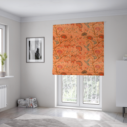The fabric used to create these Roman blinds is a vibrant botanical fabric pattern featuring detailed hummingbirds in flight among lush tropical flowers.