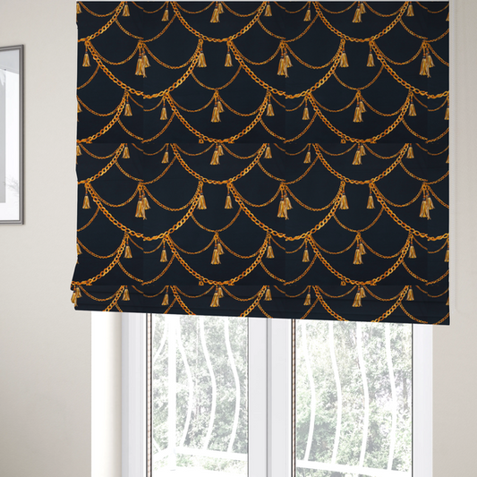 The fabric used to create these Roman blinds is a luxury fashion-inspired fabric on a deep navy-black background. The design features elegant, draped golden chains arranged in a repeating scallop or 'swag' pattern, accented by highly detailed golden silk tassels suspended from ornate beaded cords.