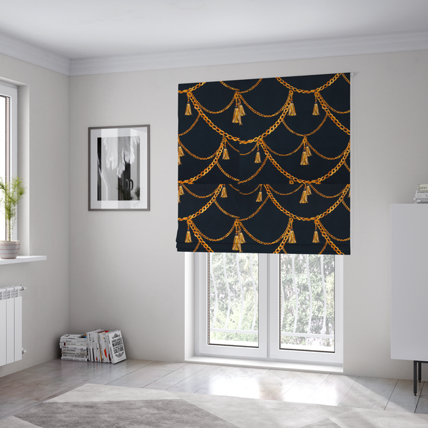 The fabric used to create these Roman blinds is a luxury fashion-inspired fabric on a deep navy-black background. The design features elegant, draped golden chains arranged in a repeating scallop or 'swag' pattern, accented by highly detailed golden silk tassels suspended from ornate beaded cords.