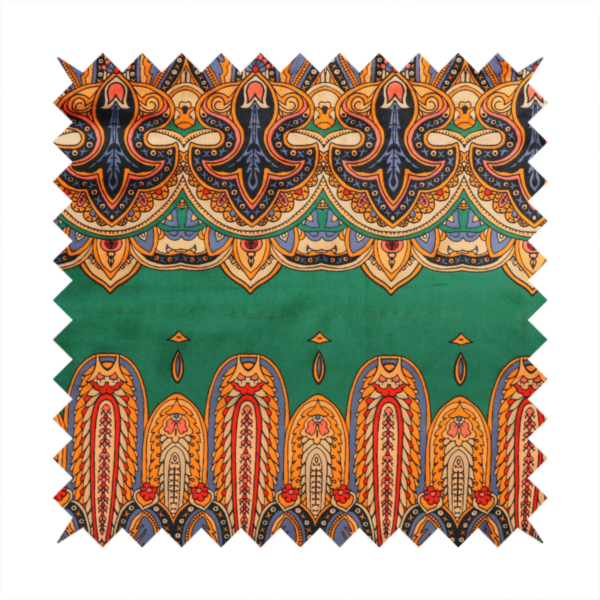 Ornate jewel-toned border print fabric with a central green stripe flanked by intricate Persian-inspired teardrop and medallion motifs in amber and navy.
