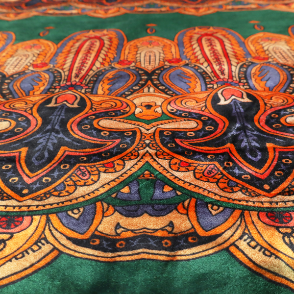 Ornate jewel-toned border print fabric with a central green stripe flanked by intricate Persian-inspired teardrop and medallion motifs in amber and navy.