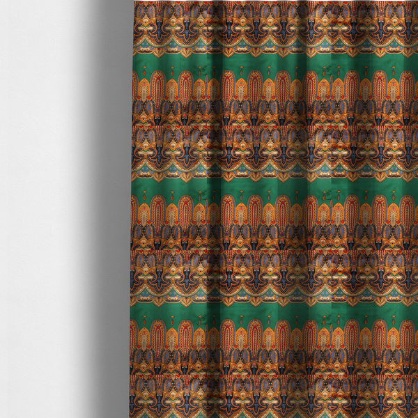 The fabric used to create these made-to-measure curtains is an ornate jewel-toned border print fabric with a central green stripe flanked by intricate Persian-inspired teardrop and medallion motifs in amber and navy.