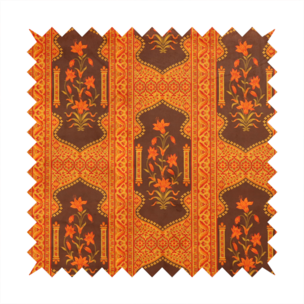 A vertical stripe fabric featuring an intricate Mughal-inspired architectural pattern. The design displays orange lily bouquets enclosed within scalloped 'Palace Gate' arches, separated by decorative geometric borders in saffron, terracotta, and deep chocolate brown.