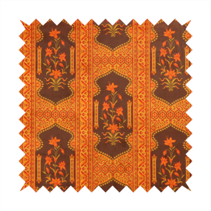 A vertical stripe fabric featuring an intricate Mughal-inspired architectural pattern. The design displays orange lily bouquets enclosed within scalloped 'Palace Gate' arches, separated by decorative geometric borders in saffron, terracotta, and deep chocolate brown.