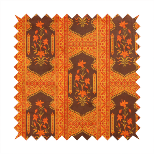 A vertical stripe fabric featuring an intricate Mughal-inspired architectural pattern. The design displays orange lily bouquets enclosed within scalloped 'Palace Gate' arches, separated by decorative geometric borders in saffron, terracotta, and deep chocolate brown.