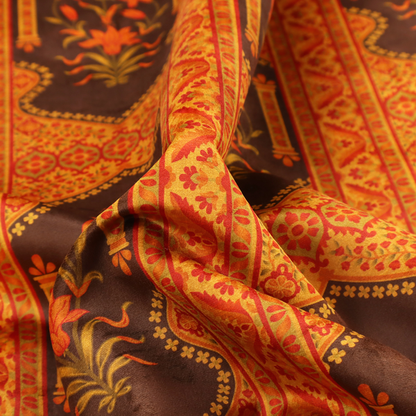 A vertical stripe fabric featuring an intricate Mughal-inspired architectural pattern. The design displays orange lily bouquets enclosed within scalloped 'Palace Gate' arches, separated by decorative geometric borders in saffron, terracotta, and deep chocolate brown.