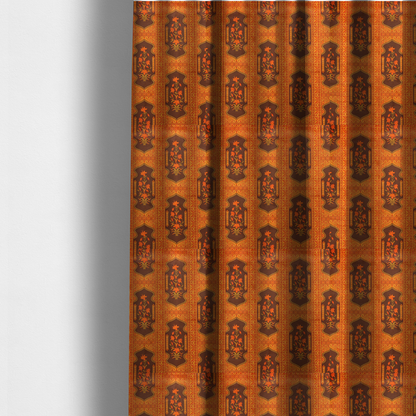 The fabric used to create these made-to-measure curtains is a vertical stripe fabric featuring an intricate Mughal-inspired architectural pattern. The design displays orange lily bouquets enclosed within scalloped 'Palace Gate' arches, separated by decorative geometric borders in saffron, terracotta, and deep chocolate brown.