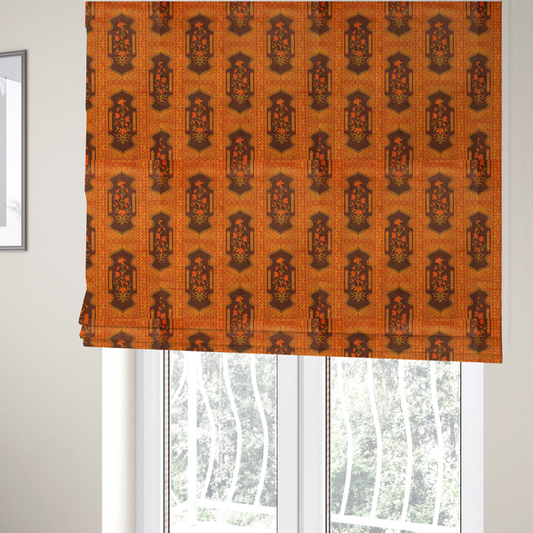 The fabric used to create these Roman blinds is a vertical stripe fabric featuring an intricate Mughal-inspired architectural pattern. The design displays orange lily bouquets enclosed within scalloped 'Palace Gate' arches, separated by decorative geometric borders in saffron, terracotta, and deep chocolate brown.