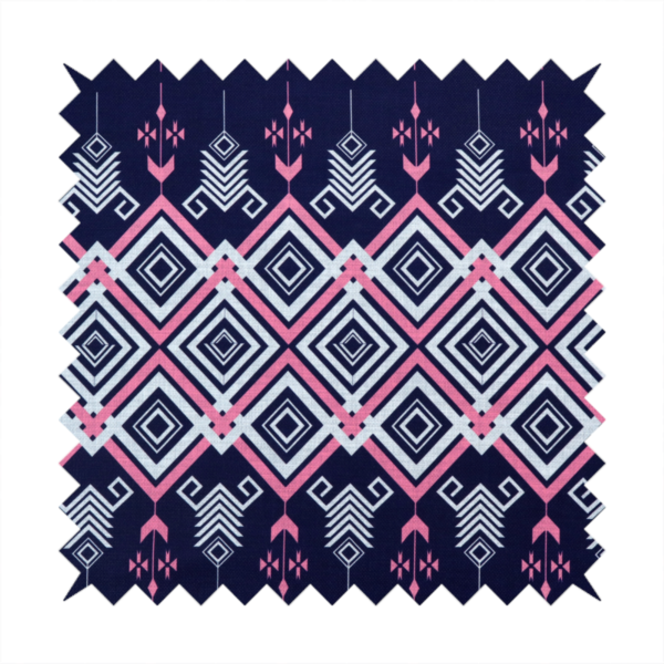 A sharp and sophisticated geometric fabric on a deep midnight navy background. The design features a prominent central horizontal band of interlocking diamonds in crisp white and neon pink, framed by intricate, vertical 'spear-like' motifs and delicate diamond accents that evoke a modern, high-contrast Ikat or tribal-inspired aesthetic.