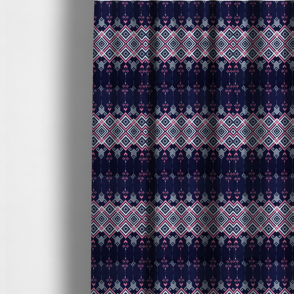 The fabric used to create these made-to-measure curtains is a sharp and sophisticated geometric fabric on a deep midnight navy background. The design features a prominent central horizontal band of interlocking diamonds in crisp white and neon pink, framed by intricate, vertical 'spear-like' motifs and delicate diamond accents that evoke a modern, high-contrast Ikat or tribal-inspired aesthetic.