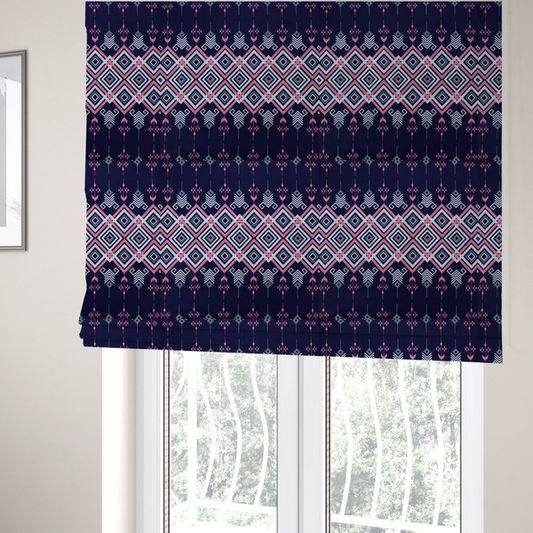 The fabric used to create these Roman blinds is a sharp and sophisticated geometric fabric on a deep midnight navy background. The design features a prominent central horizontal band of interlocking diamonds in crisp white and neon pink, framed by intricate, vertical 'spear-like' motifs and delicate diamond accents that evoke a modern, high-contrast Ikat or tribal-inspired aesthetic.