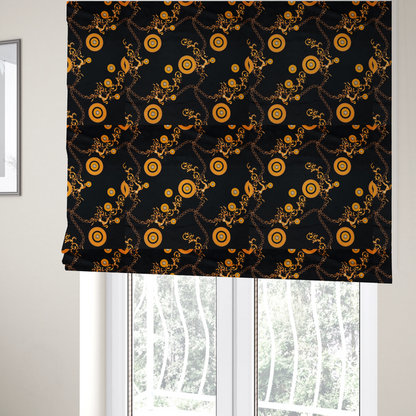 The fabric used to create these Roman blinds is a luxury baroque-style fabric on a black ground featuring a trellis of golden chains interspersed with ornate sun-medallions and amber floral scrolls.