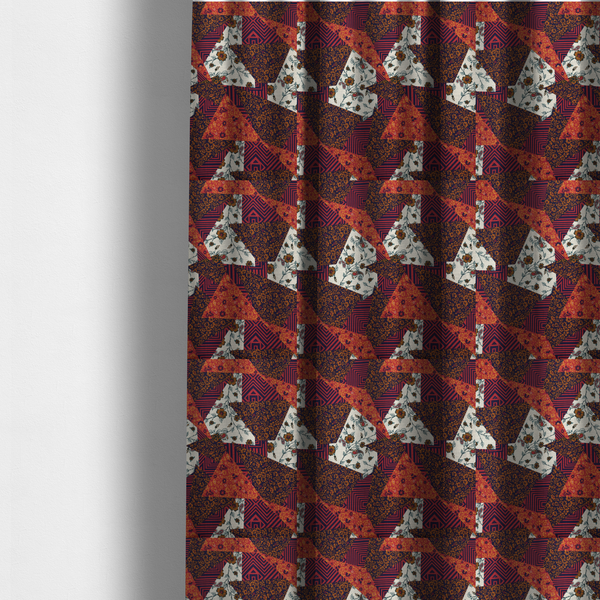 The fabric used to create these made-to-measure curtains is a rich and layered patchwork fabric featuring a collage of sharp, angular shards and geometric fragments. The design blends diverse motifs including vintage-style burnt orange florals, delicate cream botanical vines with paisley accents, and bold navy and terracotta linear chevrons, creating a warm, textured, and maximalist mosaic aesthetic.