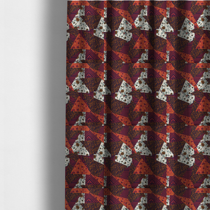 The fabric used to create these made-to-measure curtains is a rich and layered patchwork fabric featuring a collage of sharp, angular shards and geometric fragments. The design blends diverse motifs including vintage-style burnt orange florals, delicate cream botanical vines with paisley accents, and bold navy and terracotta linear chevrons, creating a warm, textured, and maximalist mosaic aesthetic.