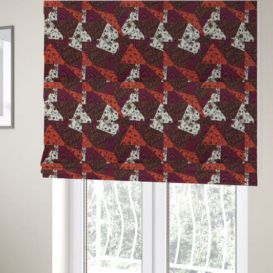 The fabric used to create these Roman blinds is a rich and layered patchwork fabric featuring a collage of sharp, angular shards and geometric fragments. The design blends diverse motifs including vintage-style burnt orange florals, delicate cream botanical vines with paisley accents, and bold navy and terracotta linear chevrons, creating a warm, textured, and maximalist mosaic aesthetic.