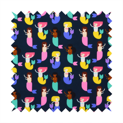 A fun and vibrant children's fabric on a deep midnight-navy background. The pattern features a diverse cast of illustrated mermaids with various skin tones, hair colours (pink, blonde, brown), and colourful tails in shades of mint, yellow, pink, and purple, arranged in a cheerful repeating grid.