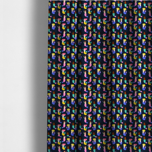 The fabric used to create these made-to-measure curtains is a  fun and vibrant children's fabric on a deep midnight-navy background. The pattern features a diverse cast of illustrated mermaids with various skin tones, hair colours (pink, blonde, brown), and colourful tails in shades of mint, yellow, pink, and purple, arranged in a cheerful repeating grid.