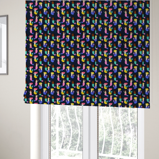 The fabric used to create these Roman blinds is a fun and vibrant children's fabric on a deep midnight-navy background. The pattern features a diverse cast of illustrated mermaids with various skin tones, hair colours (pink, blonde, brown), and colourful tails in shades of mint, yellow, pink, and purple, arranged in a cheerful repeating grid.