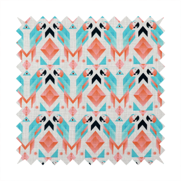 A modern and vibrant geometric fabric on a textured, off-white linen-look background. The design features a symmetrical repeat of abstract parrots rendered in sharp, angular 'prism' shapes of turquoise, coral-pink, and charcoal black. Interspersed between the birds are large coral diamonds and teal triangles, creating a balanced, contemporary tribal-pop aesthetic.
