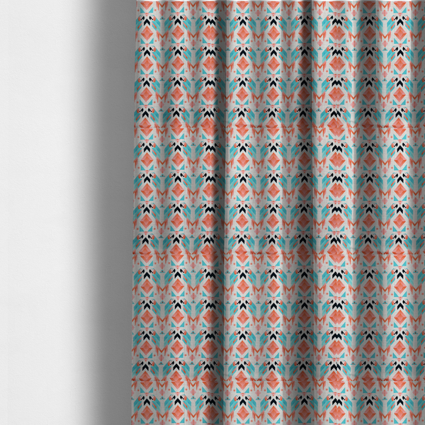The fabric used to create these made-to-measure curtains is a modern and vibrant geometric fabric on a textured, off-white linen-look background. The design features a symmetrical repeat of abstract parrots rendered in sharp, angular 'prism' shapes of turquoise, coral-pink, and charcoal black. Interspersed between the birds are large coral diamonds and teal triangles, creating a balanced, contemporary tribal-pop aesthetic.