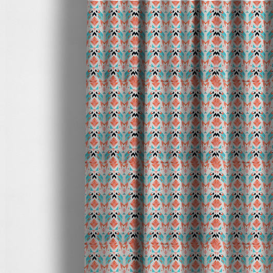The fabric used to create these made-to-measure curtains is a modern and vibrant geometric fabric on a textured, off-white linen-look background. The design features a symmetrical repeat of abstract parrots rendered in sharp, angular 'prism' shapes of turquoise, coral-pink, and charcoal black. Interspersed between the birds are large coral diamonds and teal triangles, creating a balanced, contemporary tribal-pop aesthetic.