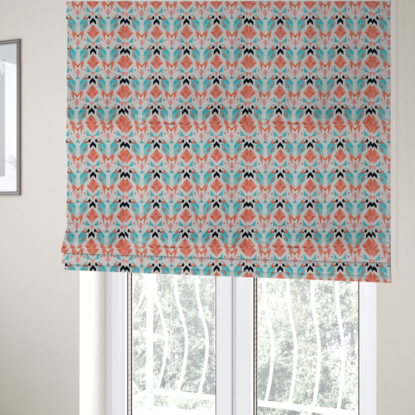 The fabric used to create these Roman blinds is a modern and vibrant geometric fabric on a textured, off-white linen-look background. The design features a symmetrical repeat of abstract parrots rendered in sharp, angular 'prism' shapes of turquoise, coral-pink, and charcoal black. Interspersed between the birds are large coral diamonds and teal triangles, creating a balanced, contemporary tribal-pop aesthetic.
