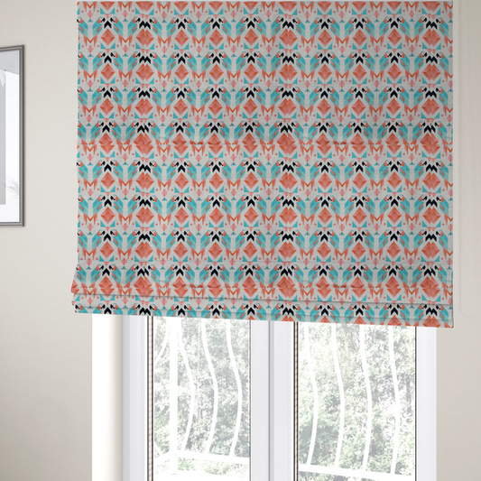 The fabric used to create these Roman blinds is a modern and vibrant geometric fabric on a textured, off-white linen-look background. The design features a symmetrical repeat of abstract parrots rendered in sharp, angular 'prism' shapes of turquoise, coral-pink, and charcoal black. Interspersed between the birds are large coral diamonds and teal triangles, creating a balanced, contemporary tribal-pop aesthetic.